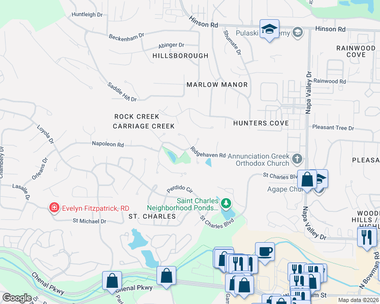 map of restaurants, bars, coffee shops, grocery stores, and more near 2 Stable Run Court in Little Rock