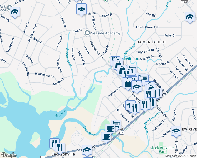 map of restaurants, bars, coffee shops, grocery stores, and more near 327 Richlands Avenue in Jacksonville