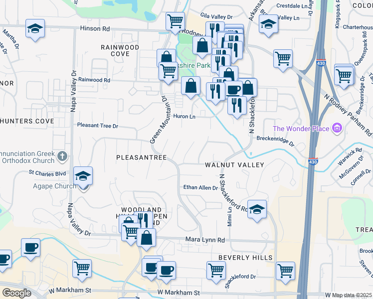 map of restaurants, bars, coffee shops, grocery stores, and more near 1124 Wild Turkey Court in Little Rock