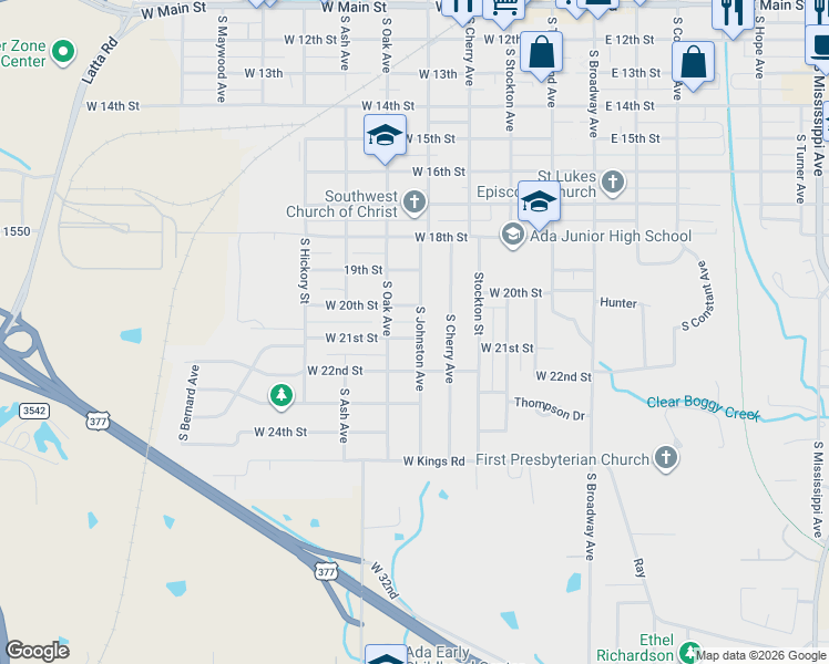 map of restaurants, bars, coffee shops, grocery stores, and more near 1031 South Johnston Avenue in Ada