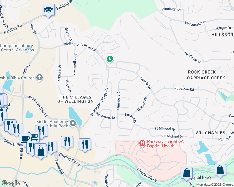 map of restaurants, bars, coffee shops, grocery stores, and more near 14901 Chambery Drive in Little Rock