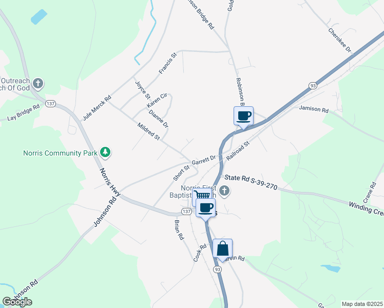 map of restaurants, bars, coffee shops, grocery stores, and more near in Cateechee