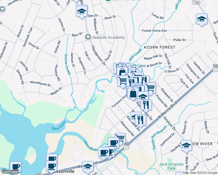 map of restaurants, bars, coffee shops, grocery stores, and more near 323 Richlands Avenue in Jacksonville