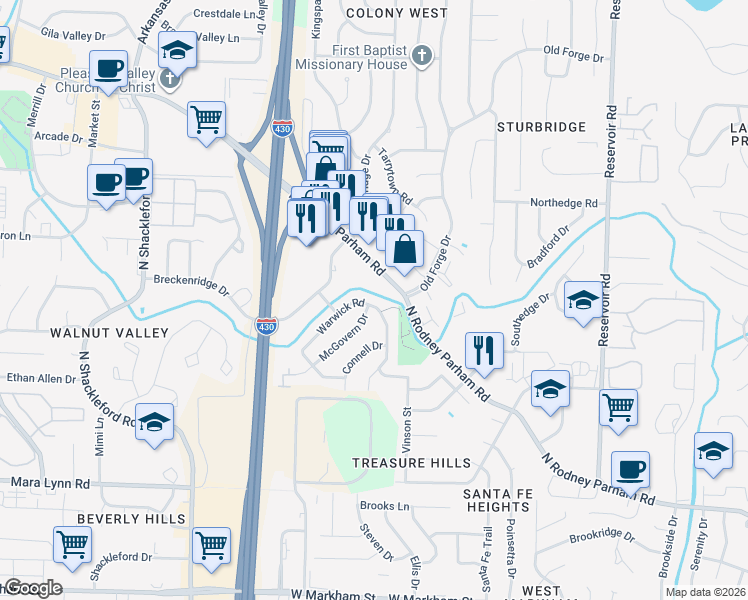 map of restaurants, bars, coffee shops, grocery stores, and more near 2 McGovern Drive in Little Rock