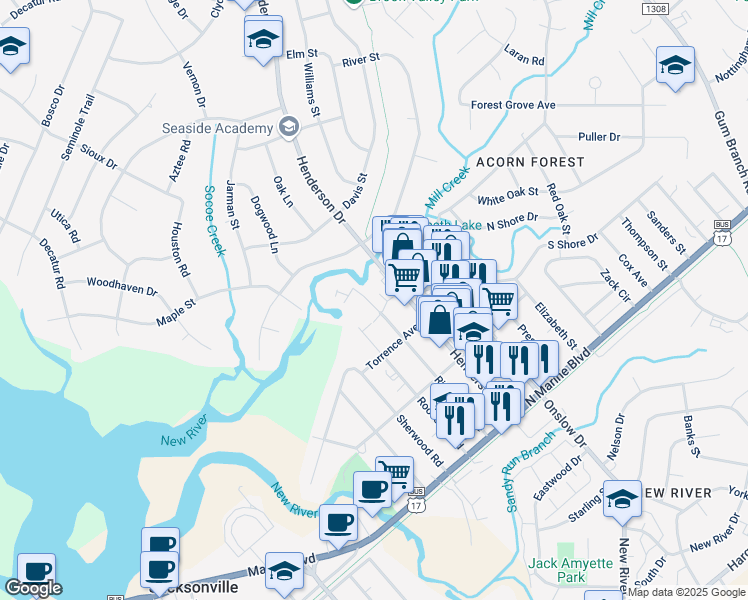 map of restaurants, bars, coffee shops, grocery stores, and more near 2 Richlands Avenue in Jacksonville