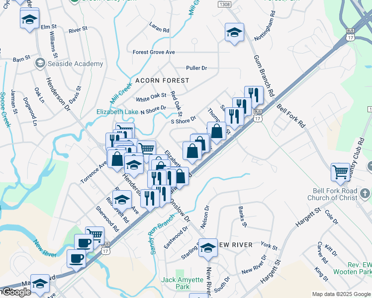 map of restaurants, bars, coffee shops, grocery stores, and more near 114 Zack Circle in Jacksonville