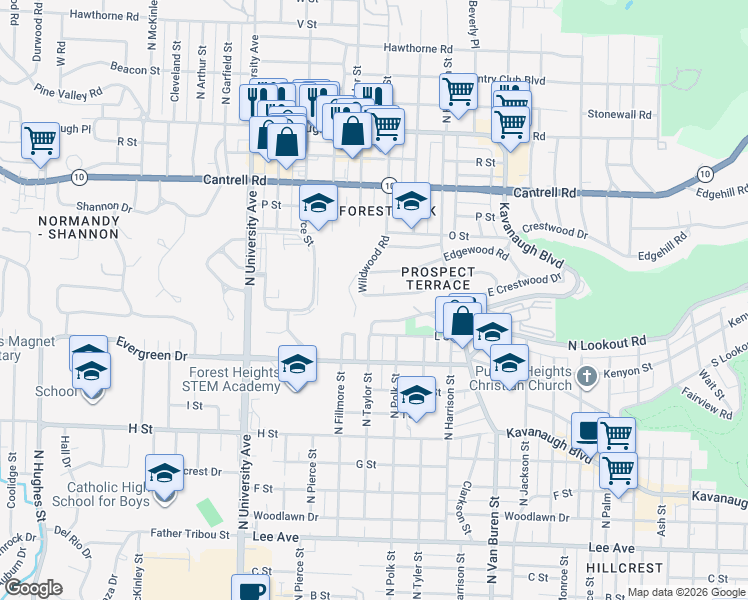 map of restaurants, bars, coffee shops, grocery stores, and more near 5509 Sherwood Road in Little Rock