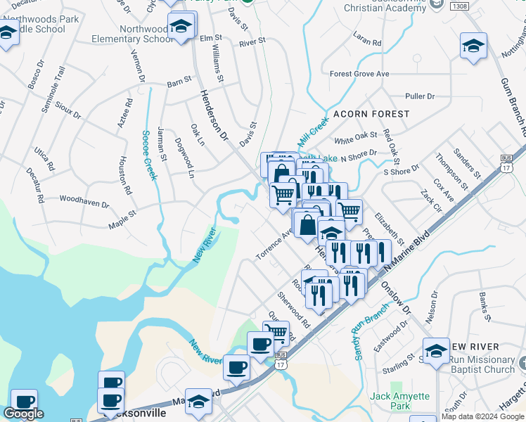 map of restaurants, bars, coffee shops, grocery stores, and more near 316 Richlands Avenue in Jacksonville