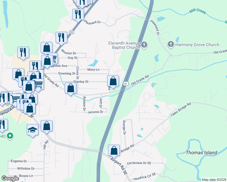 map of restaurants, bars, coffee shops, grocery stores, and more near 2753 Old Grade Road in Dalton