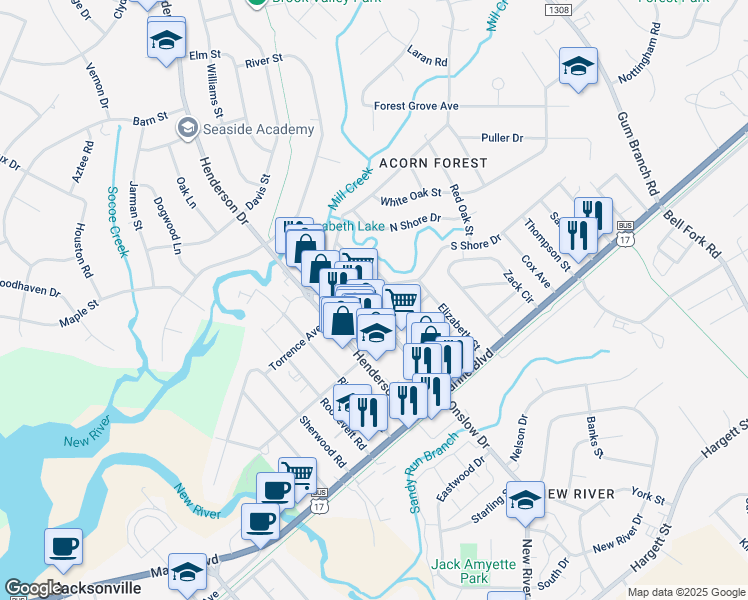 map of restaurants, bars, coffee shops, grocery stores, and more near 2532-2548 Onslow Drive in Jacksonville