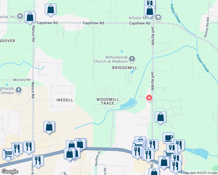 map of restaurants, bars, coffee shops, grocery stores, and more near 1827 Rushing Wood Drive Northwest in Madison