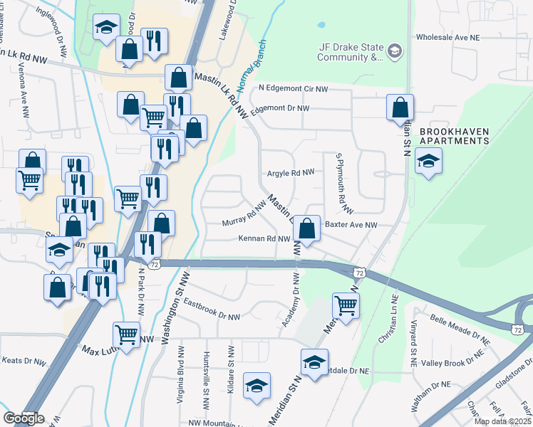 map of restaurants, bars, coffee shops, grocery stores, and more near 2908 Boswell Drive Northwest in Huntsville