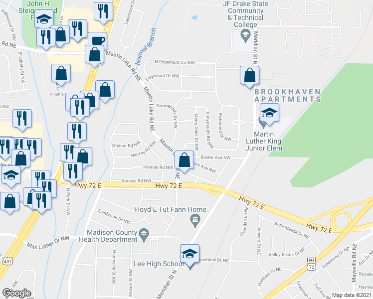 map of restaurants, bars, coffee shops, grocery stores, and more near 615 Royal Oak Drive Northwest in Huntsville