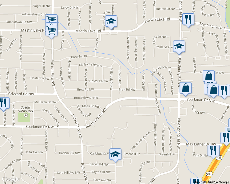 map of restaurants, bars, coffee shops, grocery stores, and more near 3124 Millbrook Drive Northwest in Huntsville