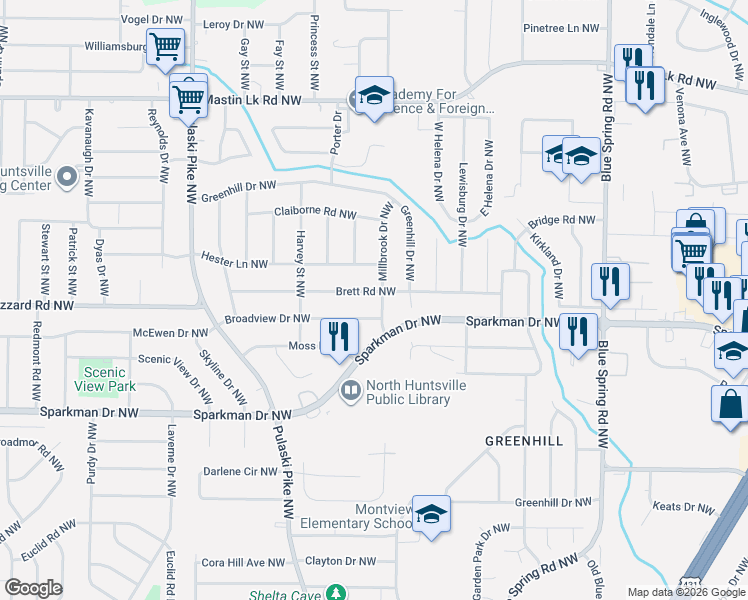 map of restaurants, bars, coffee shops, grocery stores, and more near 3124 Millbrook Drive Northwest in Huntsville