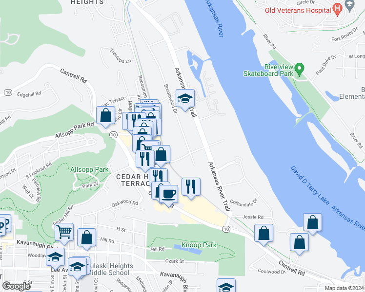 map of restaurants, bars, coffee shops, grocery stores, and more near 1200 Brookwood Drive in Little Rock