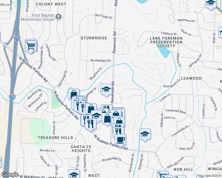 map of restaurants, bars, coffee shops, grocery stores, and more near 1221 Reservoir Road in Little Rock