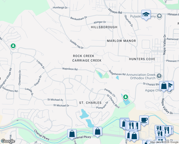 map of restaurants, bars, coffee shops, grocery stores, and more near 6 Carriage Creek Drive in Little Rock