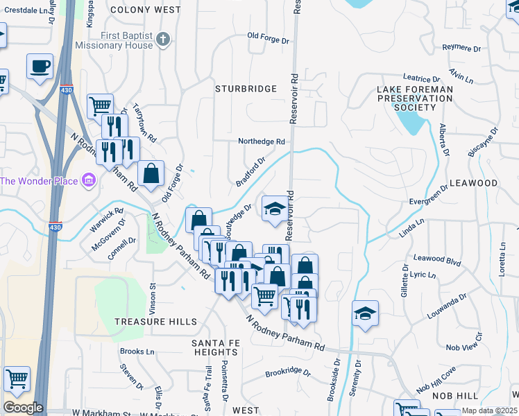 map of restaurants, bars, coffee shops, grocery stores, and more near 1309 Northwick Court in Little Rock