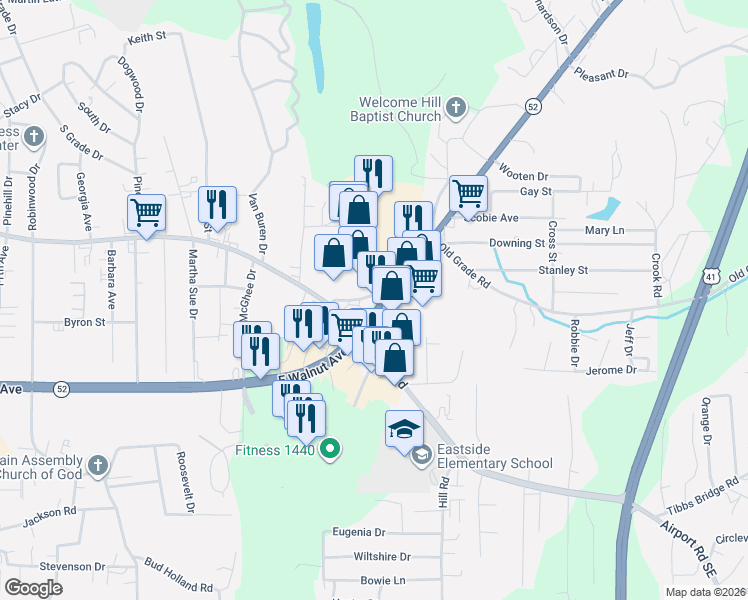 map of restaurants, bars, coffee shops, grocery stores, and more near 2505 E Walnut Ave in Dalton