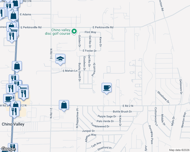 map of restaurants, bars, coffee shops, grocery stores, and more near 1247 Prescott Drive in Chino Valley