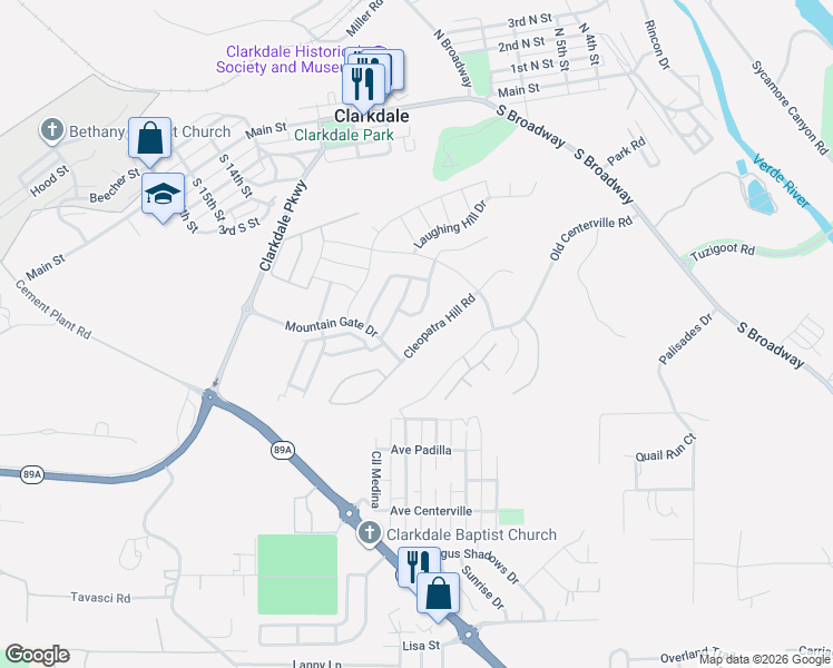 map of restaurants, bars, coffee shops, grocery stores, and more near 499 Cleopatra Hill Road in Clarkdale