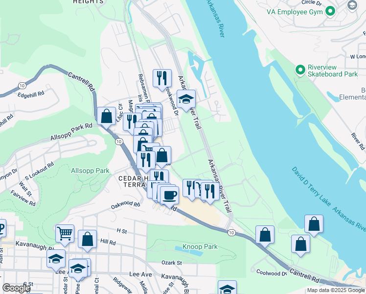 map of restaurants, bars, coffee shops, grocery stores, and more near 1200 Brookwood Drive in Little Rock