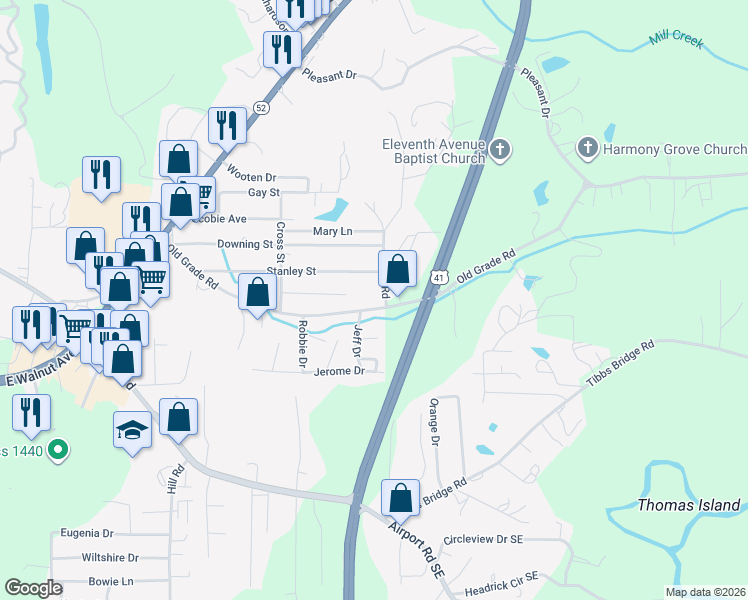 map of restaurants, bars, coffee shops, grocery stores, and more near 2753 Old Grade Road in Dalton