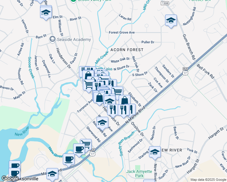 map of restaurants, bars, coffee shops, grocery stores, and more near 213 Preston Road in Jacksonville