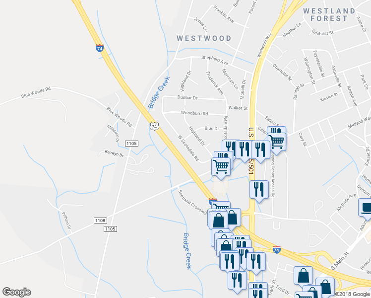 map of restaurants, bars, coffee shops, grocery stores, and more near 1002 West Scotsdale Drive in Laurinburg