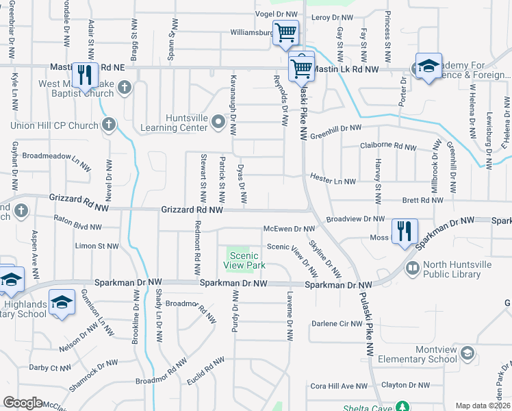 map of restaurants, bars, coffee shops, grocery stores, and more near 3617 Grizzard Road Northwest in Huntsville