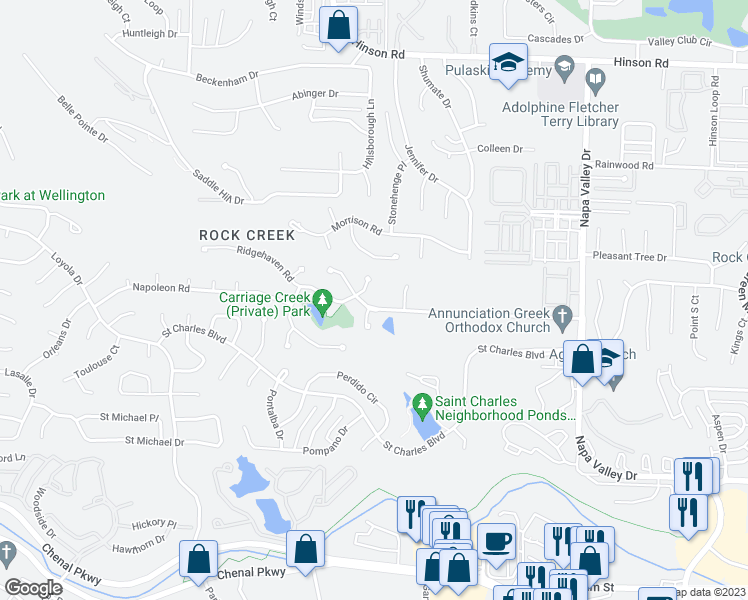 map of restaurants, bars, coffee shops, grocery stores, and more near 13100 Ridgehaven Road in Little Rock