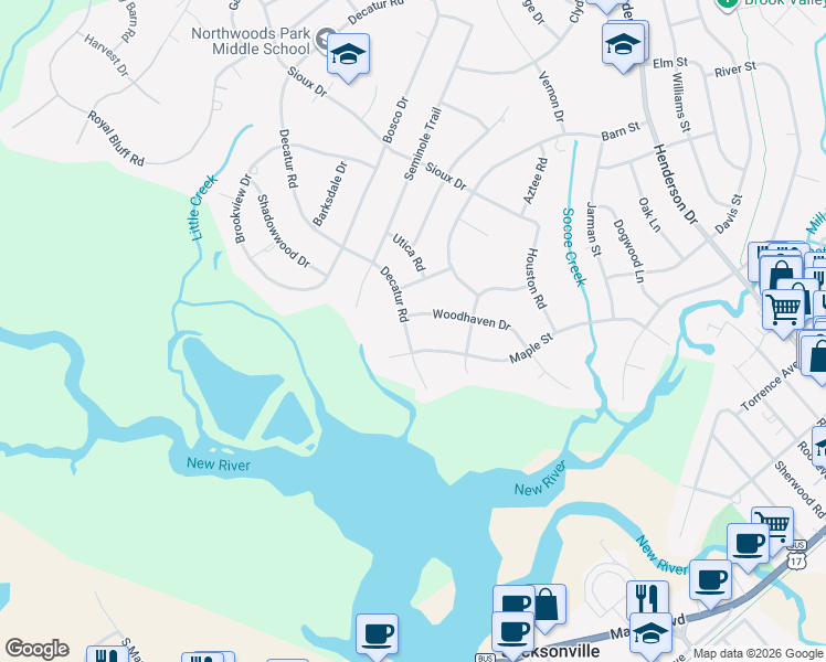 map of restaurants, bars, coffee shops, grocery stores, and more near 401-403 Decatur Road in Jacksonville