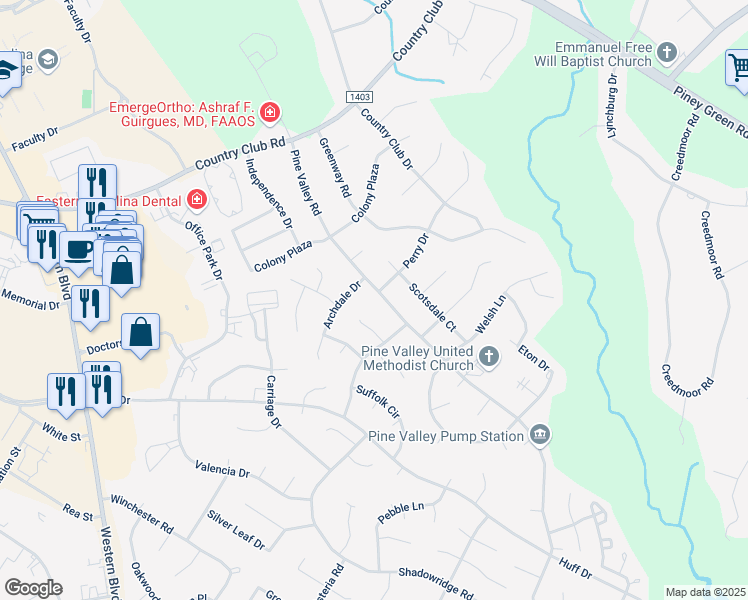 map of restaurants, bars, coffee shops, grocery stores, and more near 1019 Pine Valley Road in Jacksonville