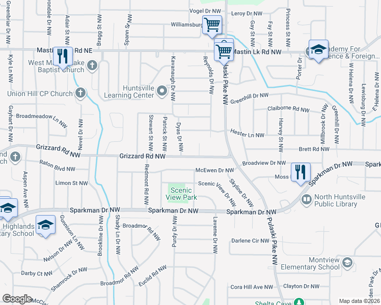 map of restaurants, bars, coffee shops, grocery stores, and more near 3617 Grizzard Road Northwest in Huntsville