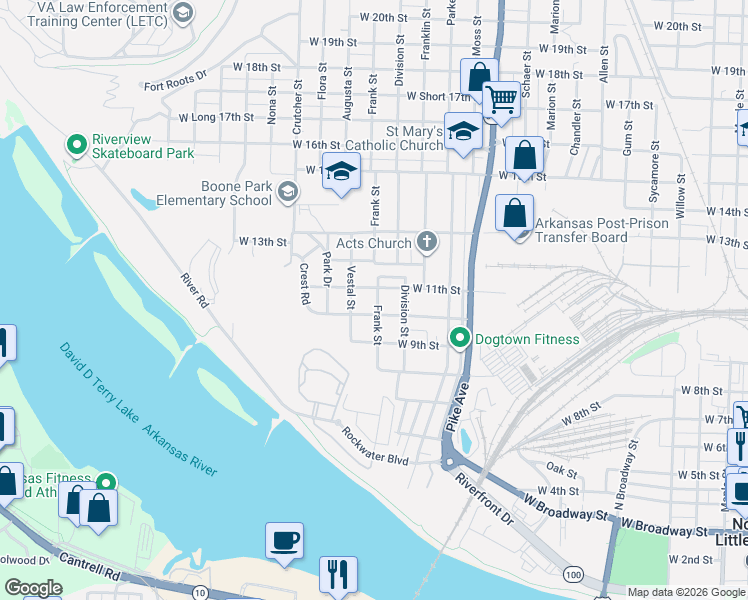 map of restaurants, bars, coffee shops, grocery stores, and more near 1407 West 10th Street in North Little Rock