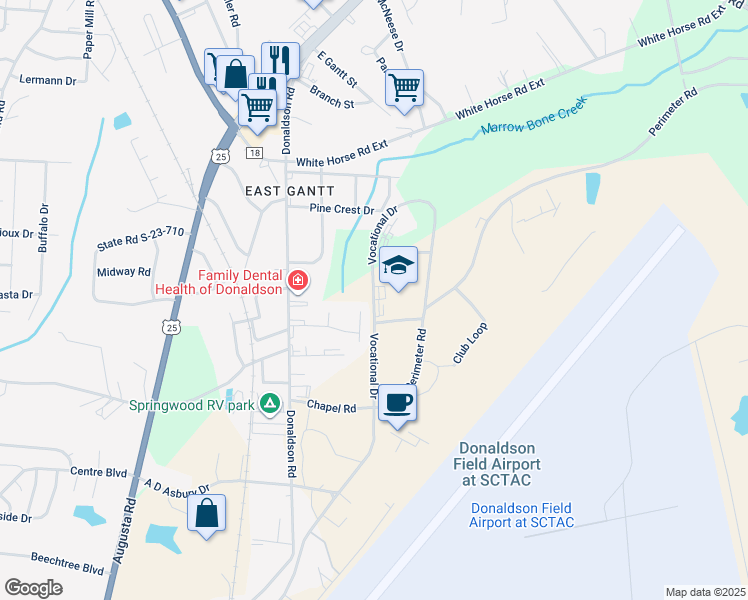 map of restaurants, bars, coffee shops, grocery stores, and more near 100 Vocational Drive in Greenville