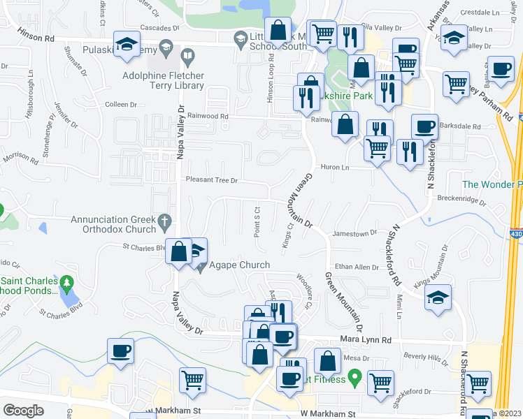 map of restaurants, bars, coffee shops, grocery stores, and more near 3 Point South Court in Little Rock