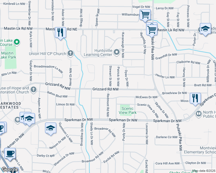 map of restaurants, bars, coffee shops, grocery stores, and more near 2507 Redmont Road Northwest in Huntsville