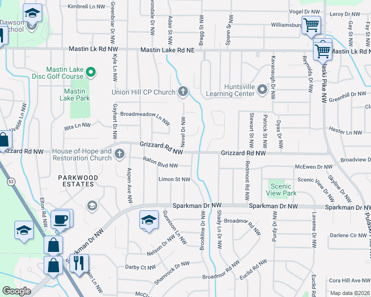 map of restaurants, bars, coffee shops, grocery stores, and more near 2628 Brookline Drive Northwest in Huntsville