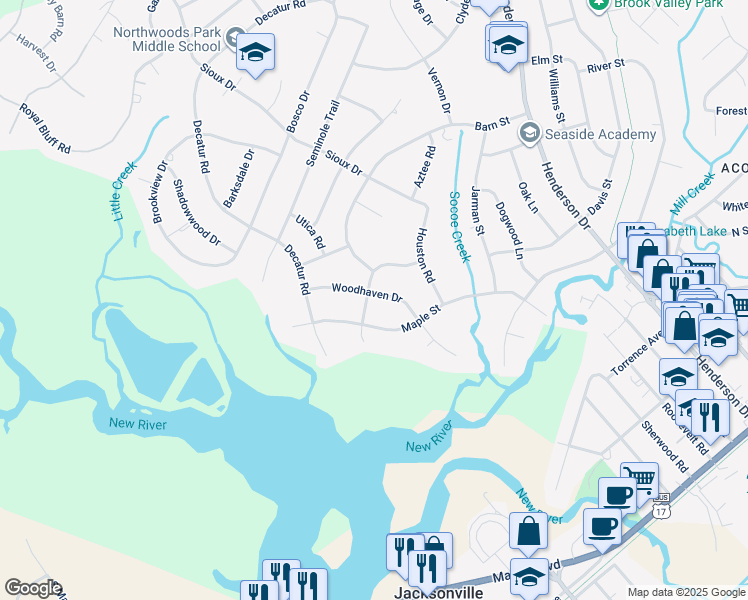 map of restaurants, bars, coffee shops, grocery stores, and more near 406 Delmar Road in Jacksonville