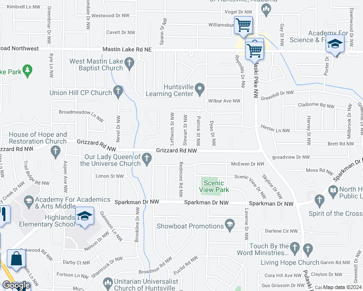 map of restaurants, bars, coffee shops, grocery stores, and more near 4000 Grizzard Road Northwest in Huntsville