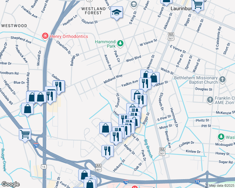 map of restaurants, bars, coffee shops, grocery stores, and more near 1203 Sunset Drive in Laurinburg