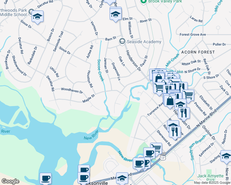 map of restaurants, bars, coffee shops, grocery stores, and more near 403 Maple Street in Jacksonville