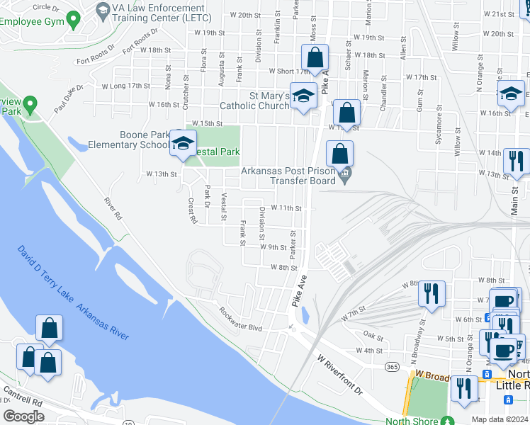 map of restaurants, bars, coffee shops, grocery stores, and more near 1238 West 11th Street in North Little Rock
