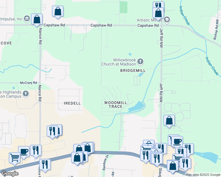 map of restaurants, bars, coffee shops, grocery stores, and more near 1827 Rushing Wood Drive Northwest in Madison