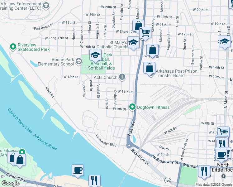 map of restaurants, bars, coffee shops, grocery stores, and more near 1305 West 10th Street in North Little Rock