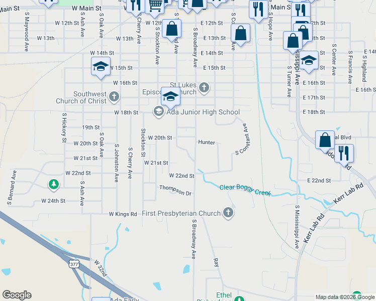 map of restaurants, bars, coffee shops, grocery stores, and more near 1025 South Townsend Drive in Ada