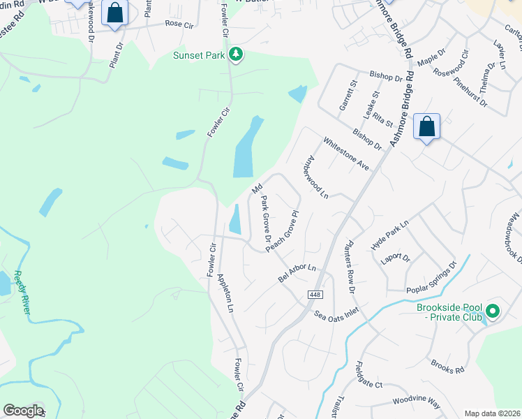 map of restaurants, bars, coffee shops, grocery stores, and more near 305 Park Grove Drive in Mauldin