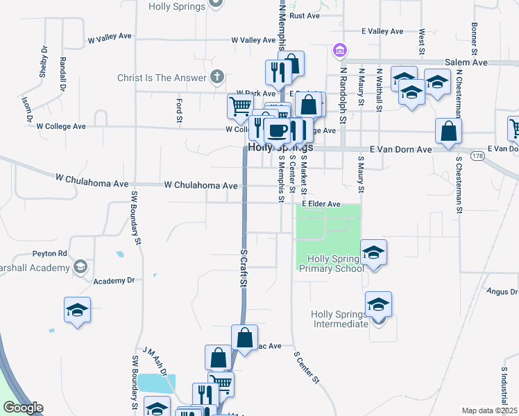 map of restaurants, bars, coffee shops, grocery stores, and more near 135 West Elder Avenue in Holly Springs